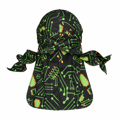 Digital Black pixel Satin Silky Durag - premium silky durag back view showing wrap straps, tail and stitching