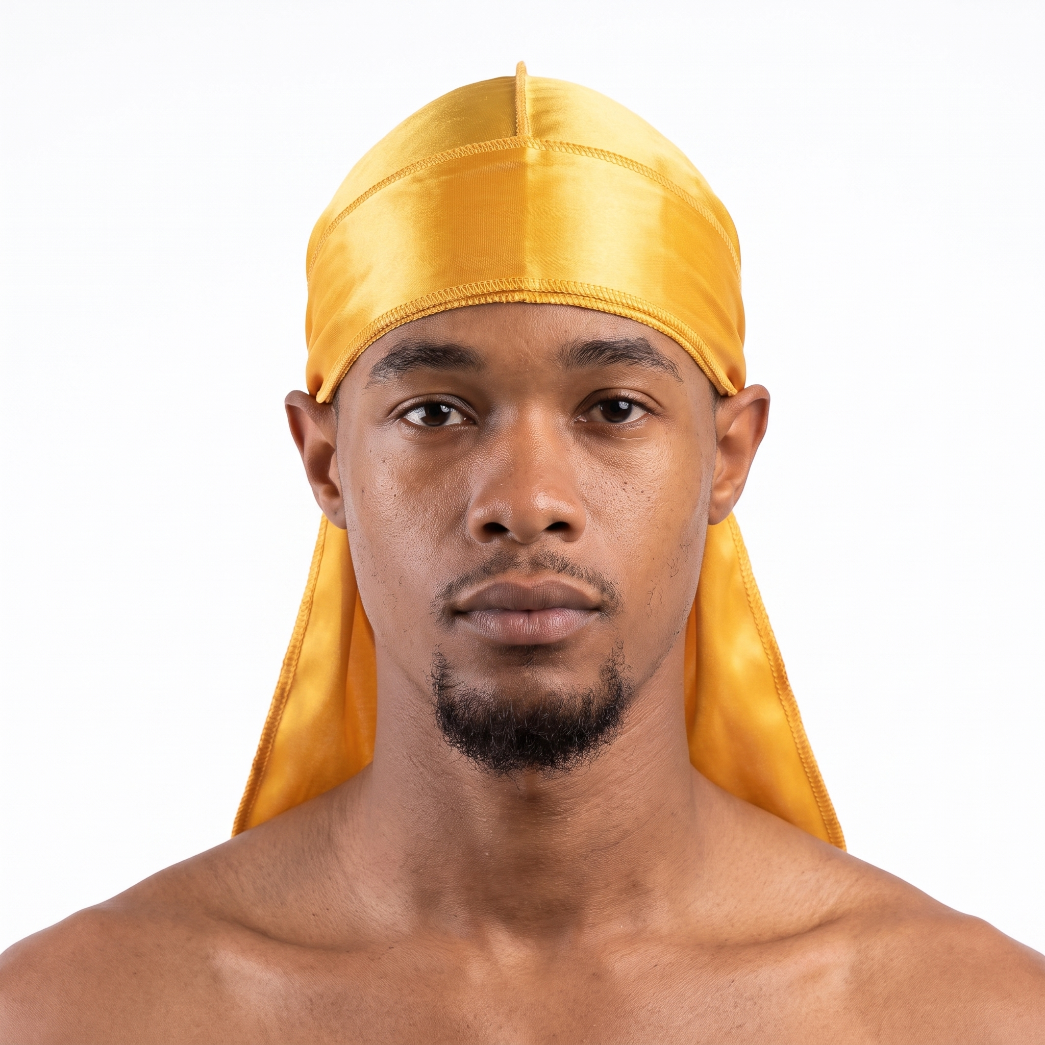 Premium Silk Durag Butterscotch Yellow worn by male model, front view on white background
