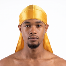 Premium Silk Durag Butterscotch Yellow worn by male model, front view on white background