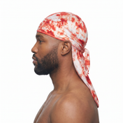 Red Tye Dye Satin Silky Durag worn by male model, side profile showing fit and tail drape