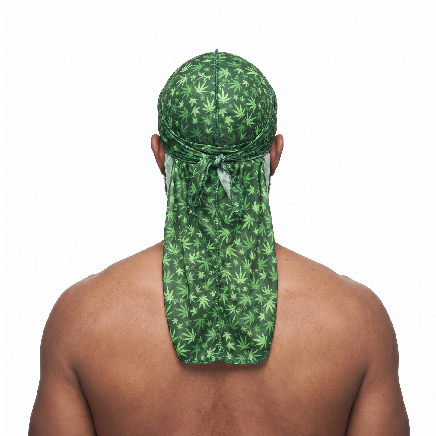 Cannabis Green leaf print Satin Silky Durag worn by male model, back view showing tied wrap and tail