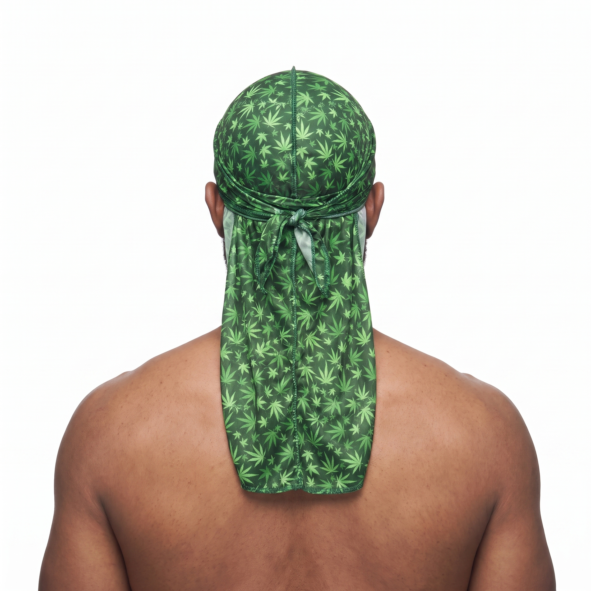 Cannabis Green leaf print Satin Silky Durag worn by male model, back view showing tied wrap and tail