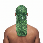 Cannabis Green leaf print Satin Silky Durag worn by male model, back view showing tied wrap and tail