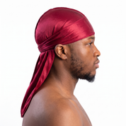 Premium Cherry Red  Silk Durag worn by male model, side profile showing fit and tail drape