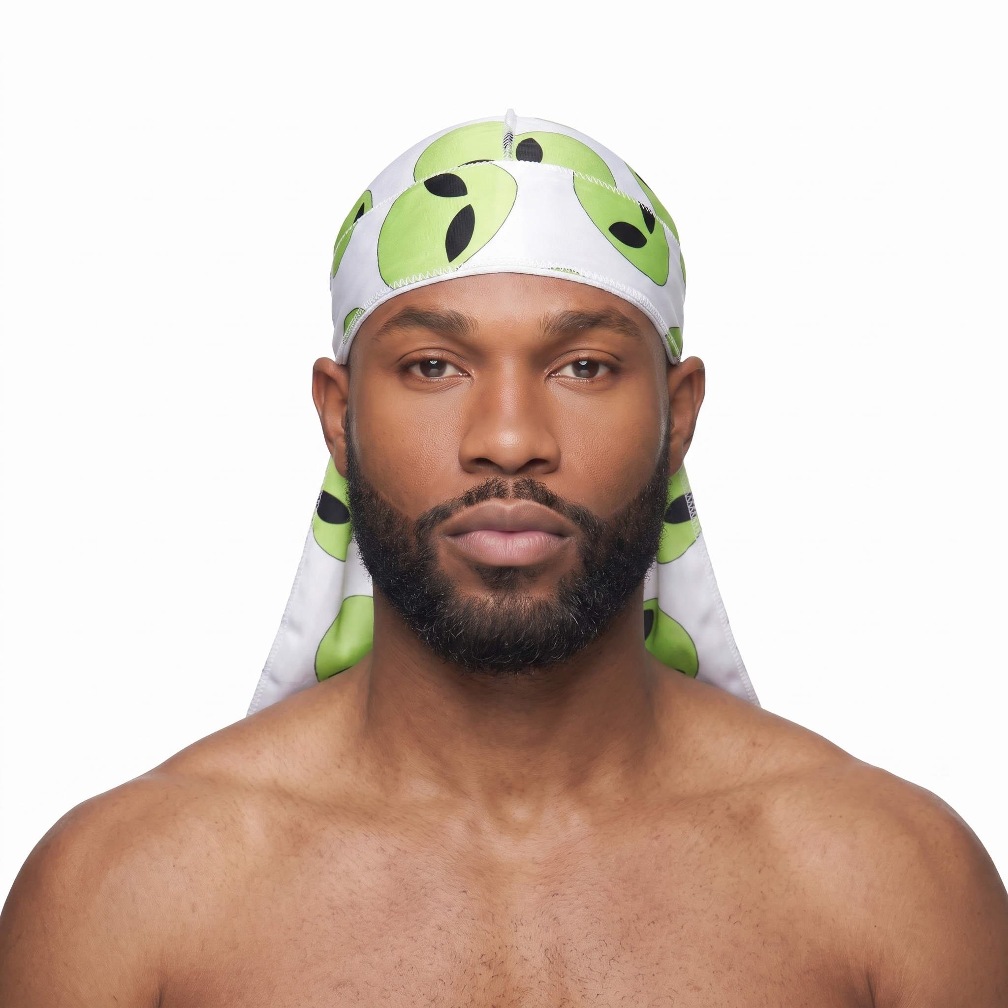 Alien White graphic Satin Silky Durag worn by male model, front view on white background