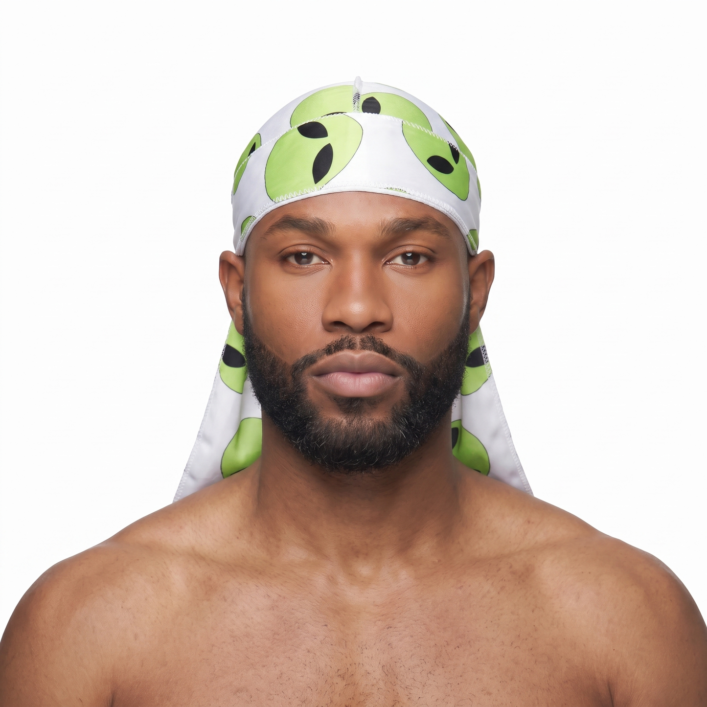 Alien White graphic Satin Silky Durag worn by male model, front view on white background