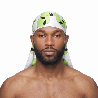 Alien White graphic Satin Silky Durag worn by male model, front view on white background