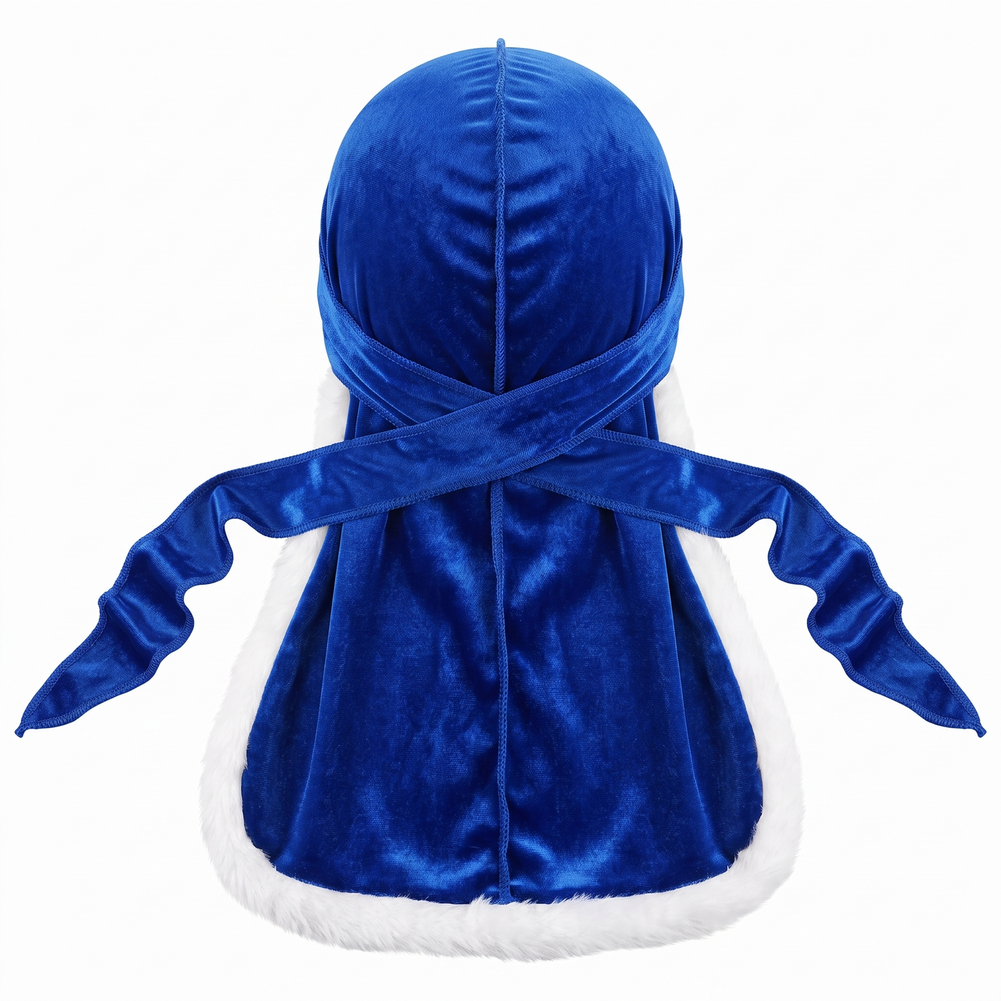 Premium Fur Blue Santa Durag - premium durag back view showing wrap straps, tail and stitching