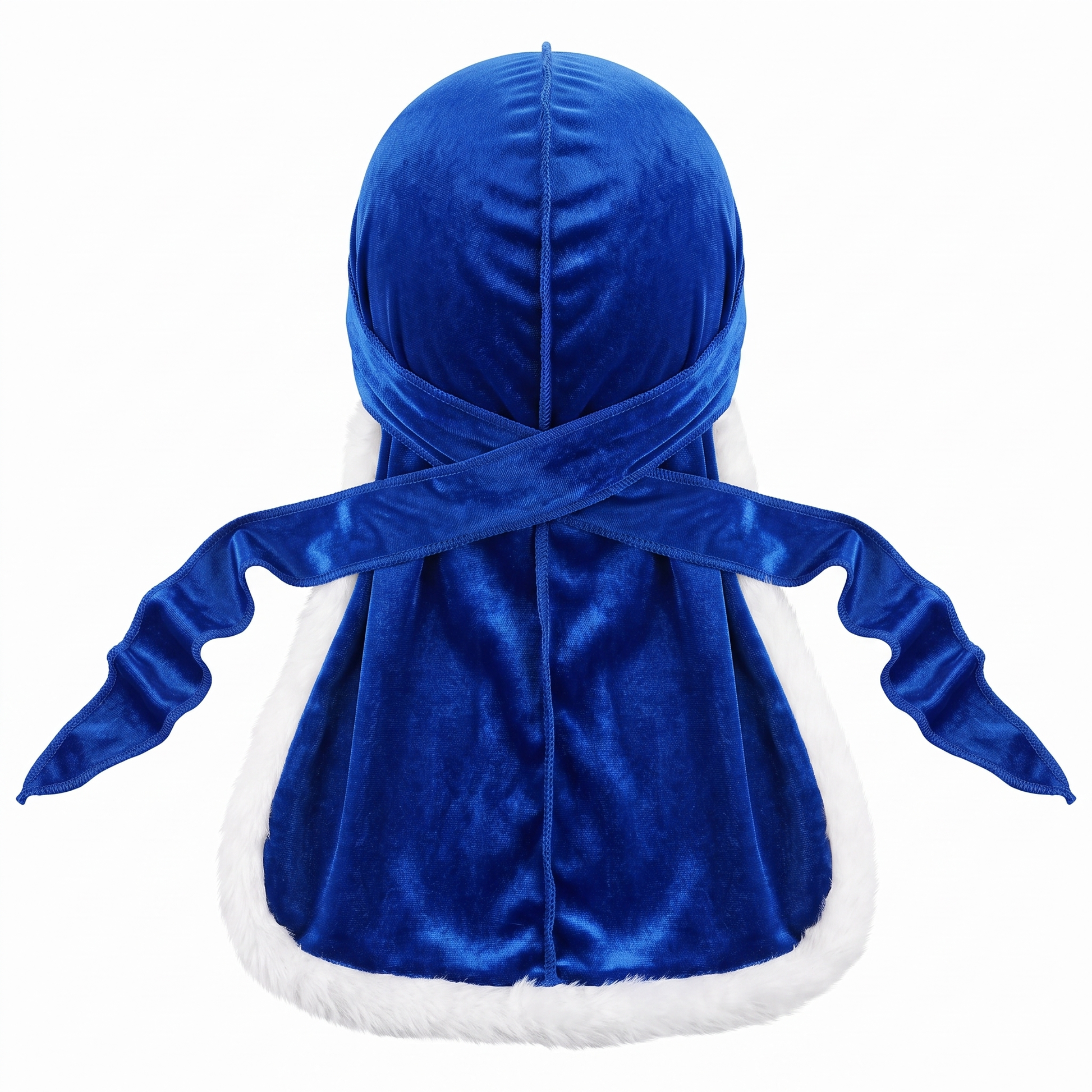 Premium Fur Blue Santa Durag - premium durag back view showing wrap straps, tail and stitching