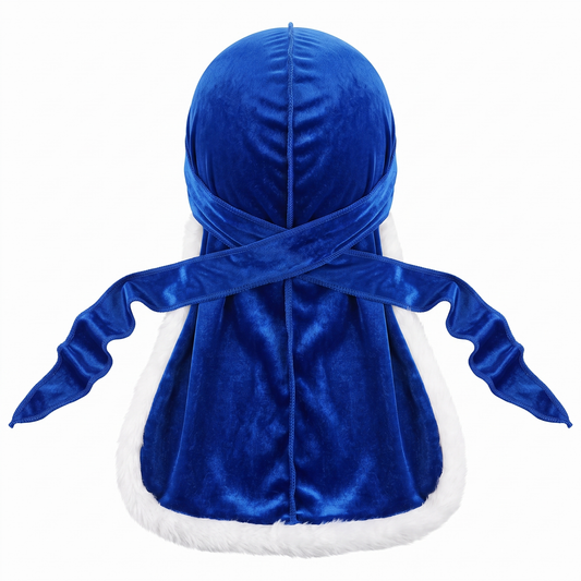 Premium Fur Blue Santa Durag - premium durag back view showing wrap straps, tail and stitching