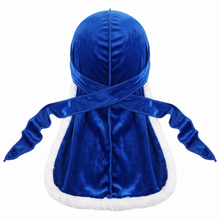 Premium Fur Blue Santa Durag - premium durag back view showing wrap straps, tail and stitching