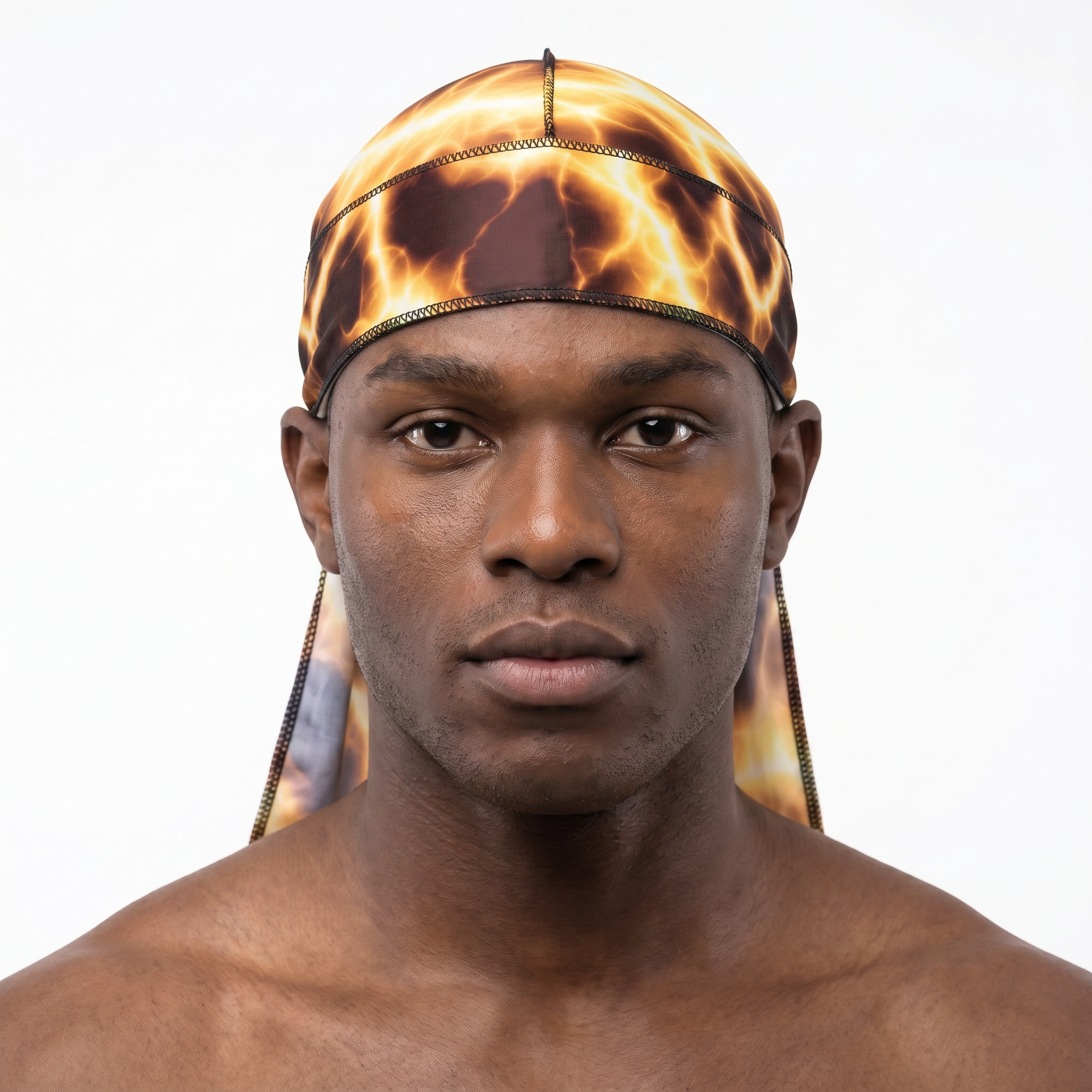 Voltage Yellow lightning Satin Silky Durag worn by male model, front view on white background