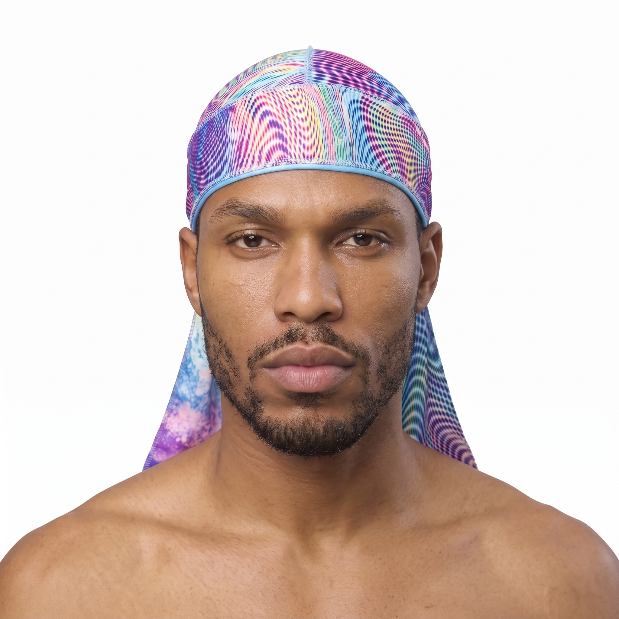 Purple optical illusion swirl Satin Silky Durag worn by male model, front view on white background