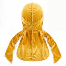 Premium Yellow Velvet Durag - premium velvet durag back view showing wrap straps, tail and stitching