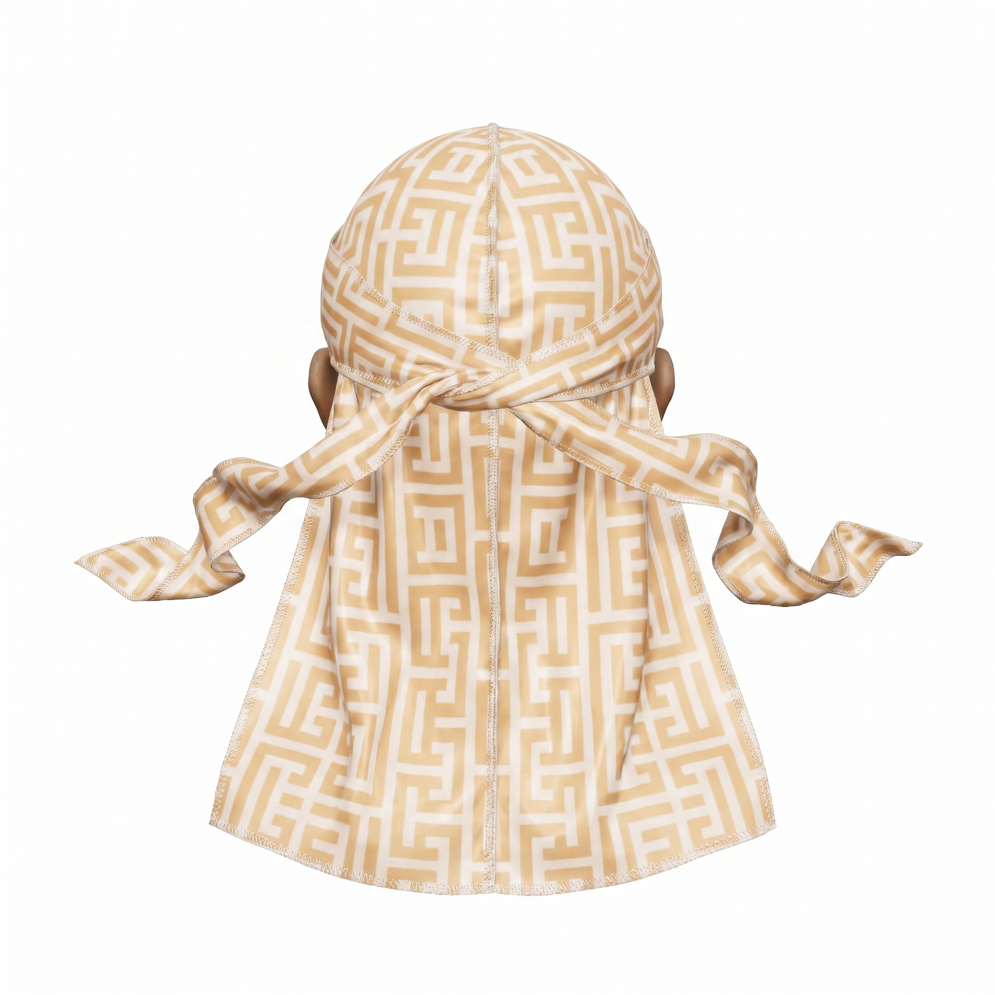 Sand Maze geometric Satin Silky Durag - premium silky durag back view showing wrap straps, tail and stitching