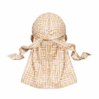 Sand Maze geometric Satin Silky Durag - premium silky durag back view showing wrap straps, tail and stitching