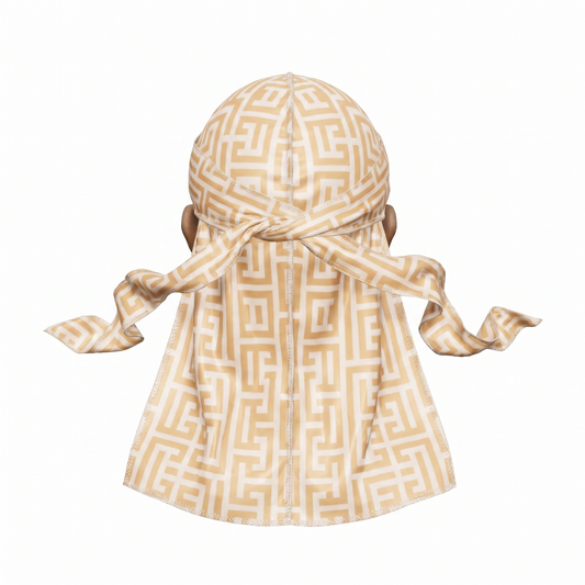 Sand Maze geometric Satin Silky Durag - premium silky durag back view showing wrap straps, tail and stitching