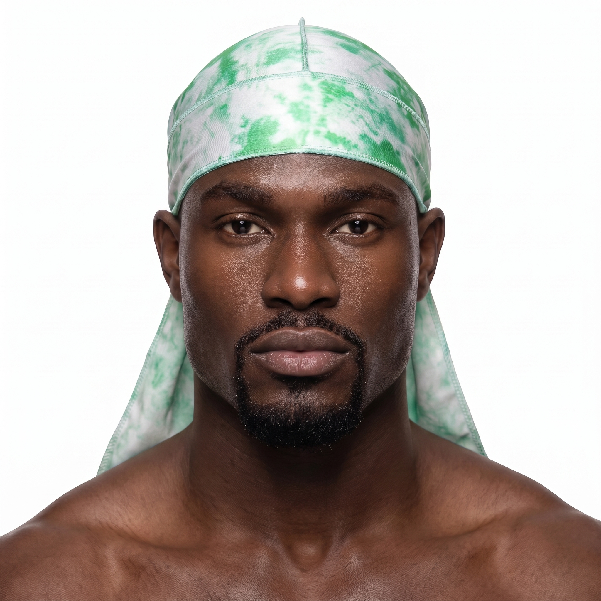 Green Tye Dye Satin Silky Durag worn by male model, front view on white background