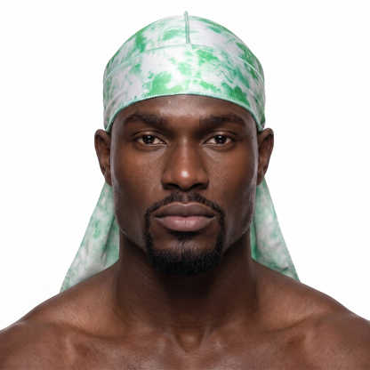 Green Tye Dye Satin Silky Durag worn by male model, front view on white background