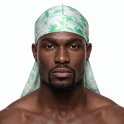 Green Tye Dye Satin Silky Durag worn by male model, front view on white background