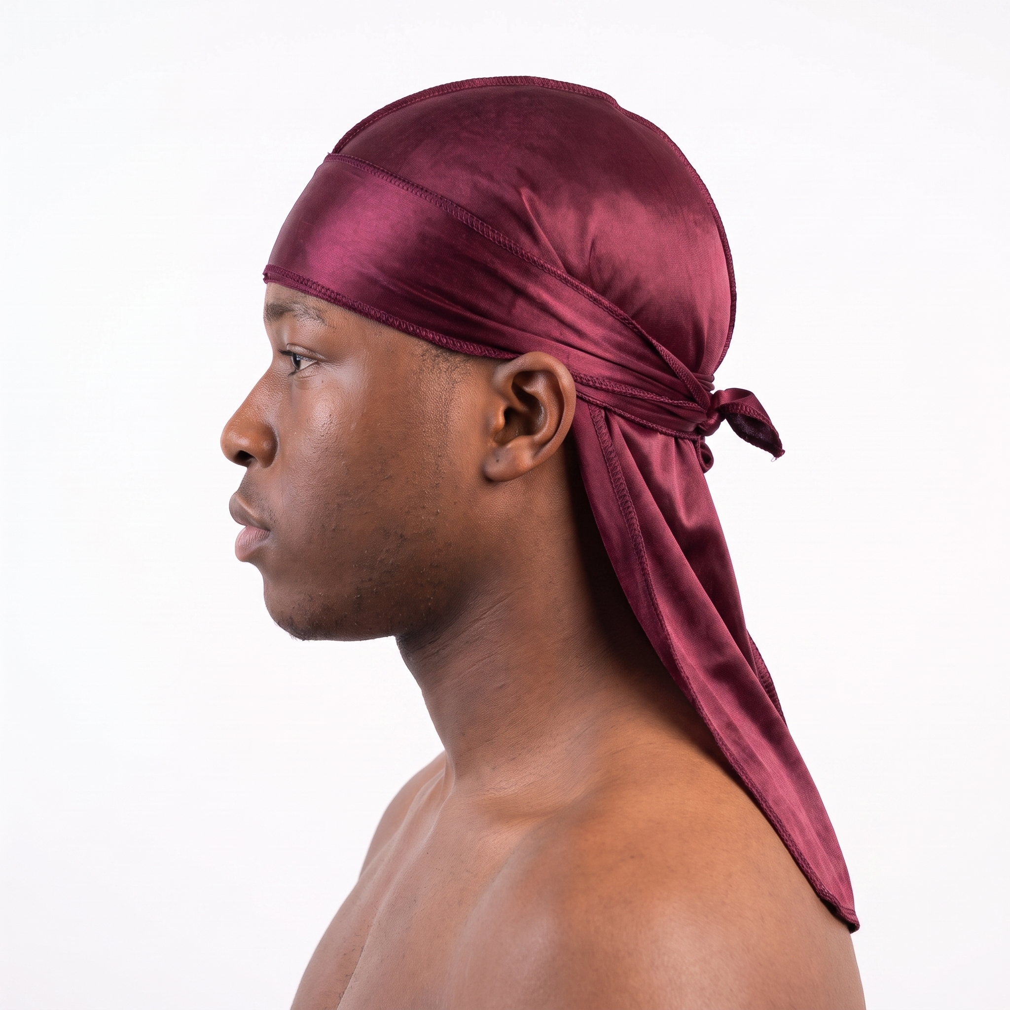 Premium Wine Red Silk Durag worn by male model, side profile showing fit and tail drape