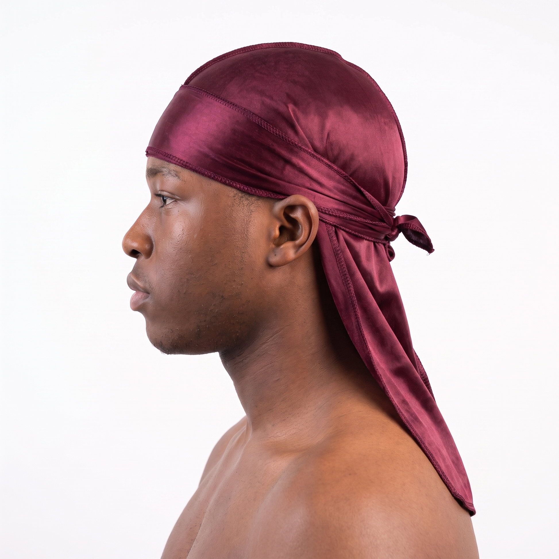Premium Wine Red Silk Durag worn by male model, side profile showing fit and tail drape