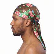 Brown Pink Retro Roses floral Satin Silky Durag worn by male model, side profile showing fit and tail drape