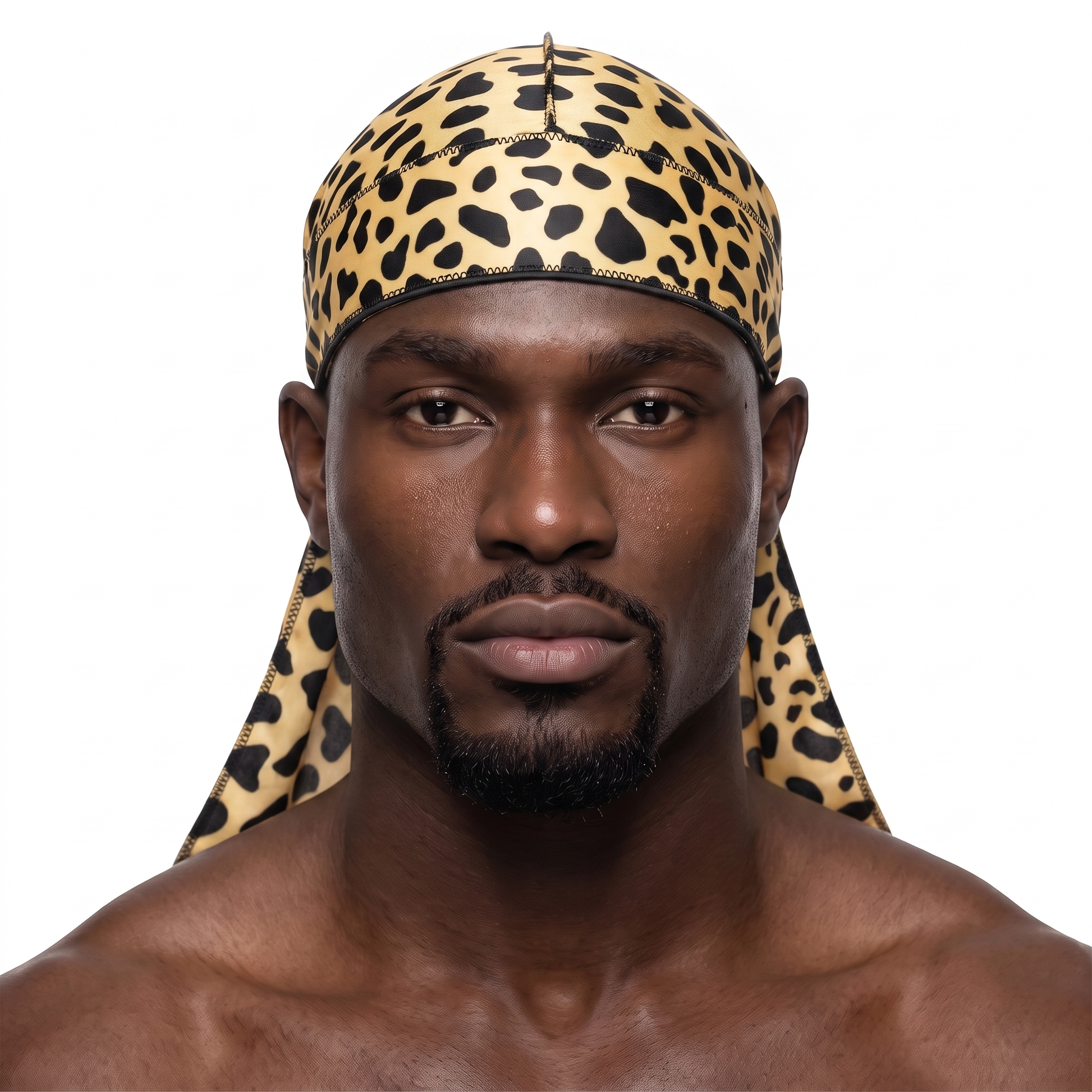 Cheetah spotted animal print Satin Silky Durag worn by male model, front view on white background