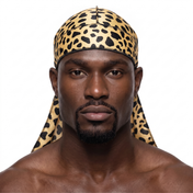 Cheetah spotted animal print Satin Silky Durag worn by male model, front view on white background