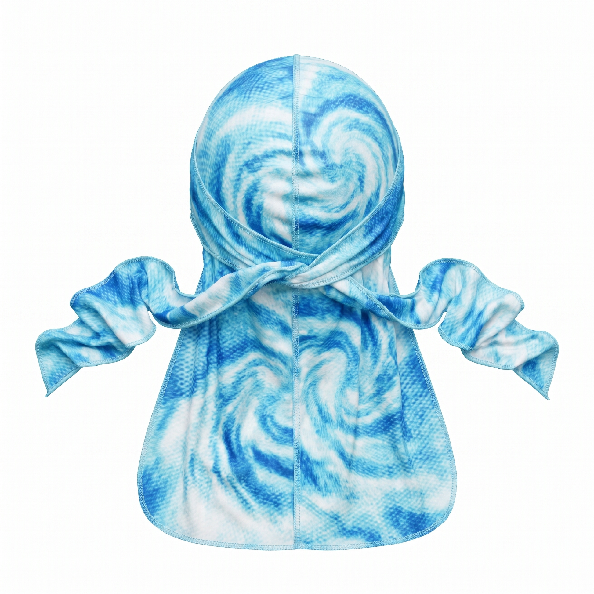 Hurricane swirl graphic Satin Silky Durag - premium silky durag back view showing wrap straps, tail and stitching