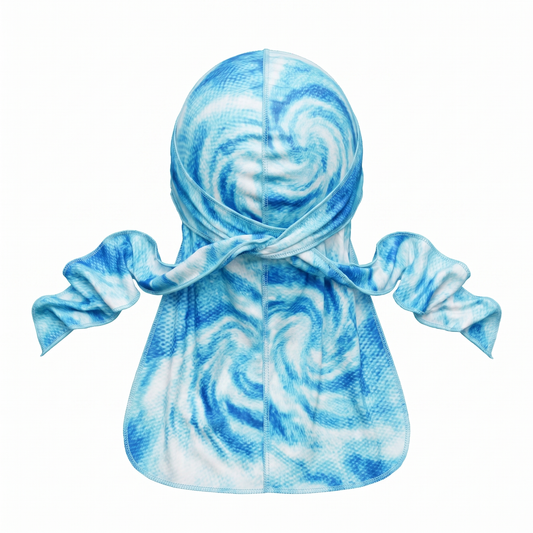 Hurricane swirl graphic Satin Silky Durag - premium silky durag back view showing wrap straps, tail and stitching