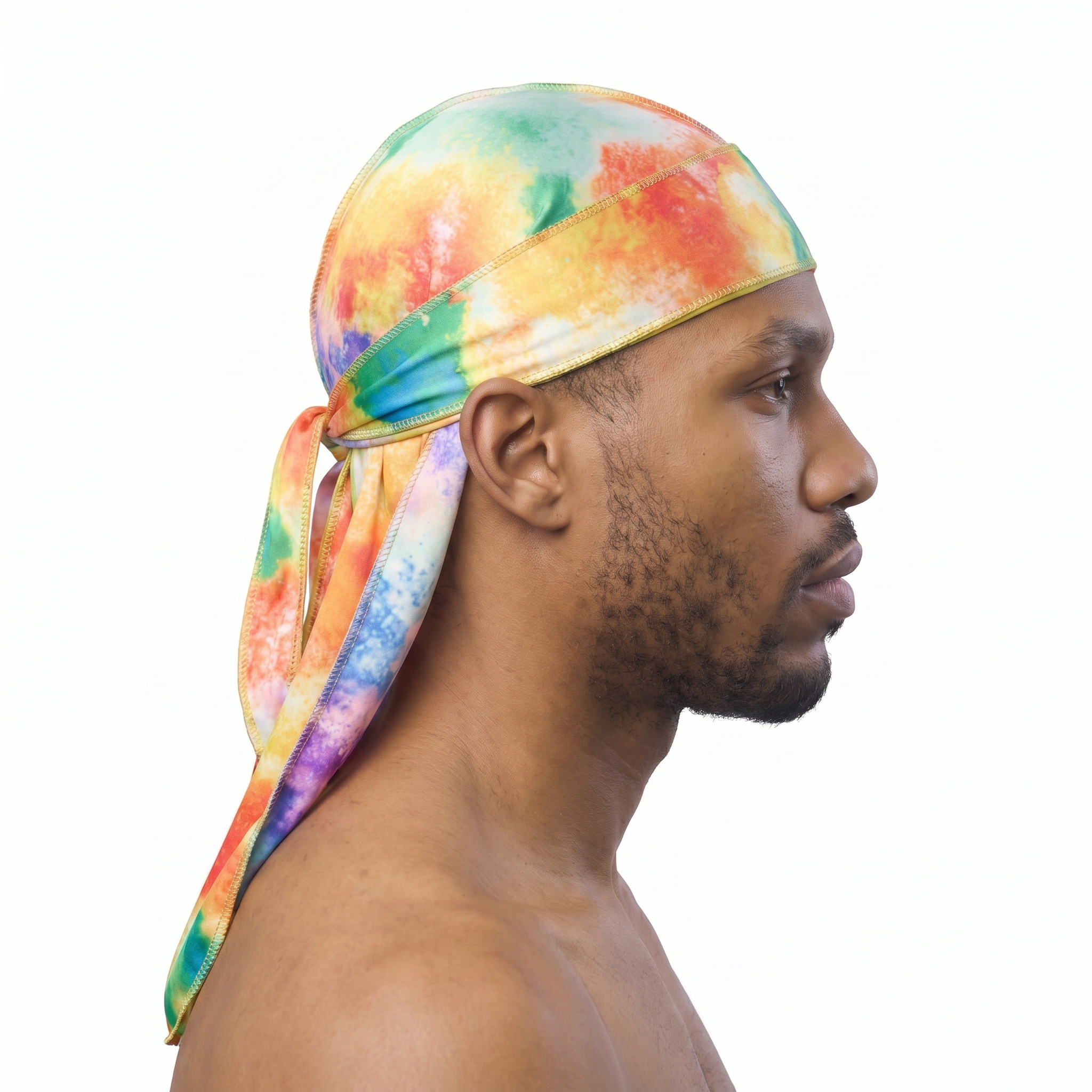 Pastel Heat Map Satin Silky Durag worn by male model, side profile showing fit and tail drape