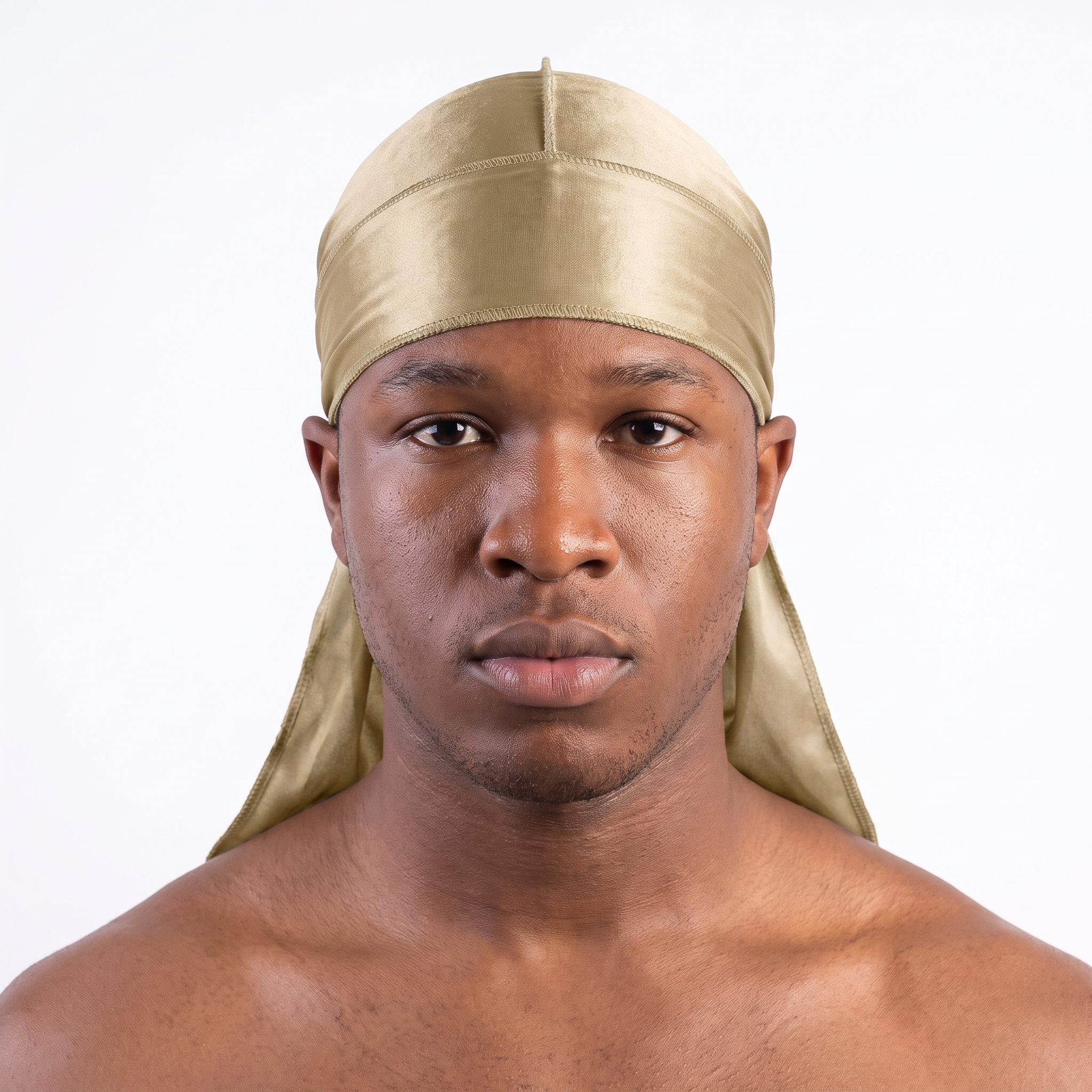 Premium Champagne Gold Silk Durag worn by male model, front view on white background