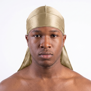 Premium Champagne Gold Silk Durag worn by male model, front view on white background