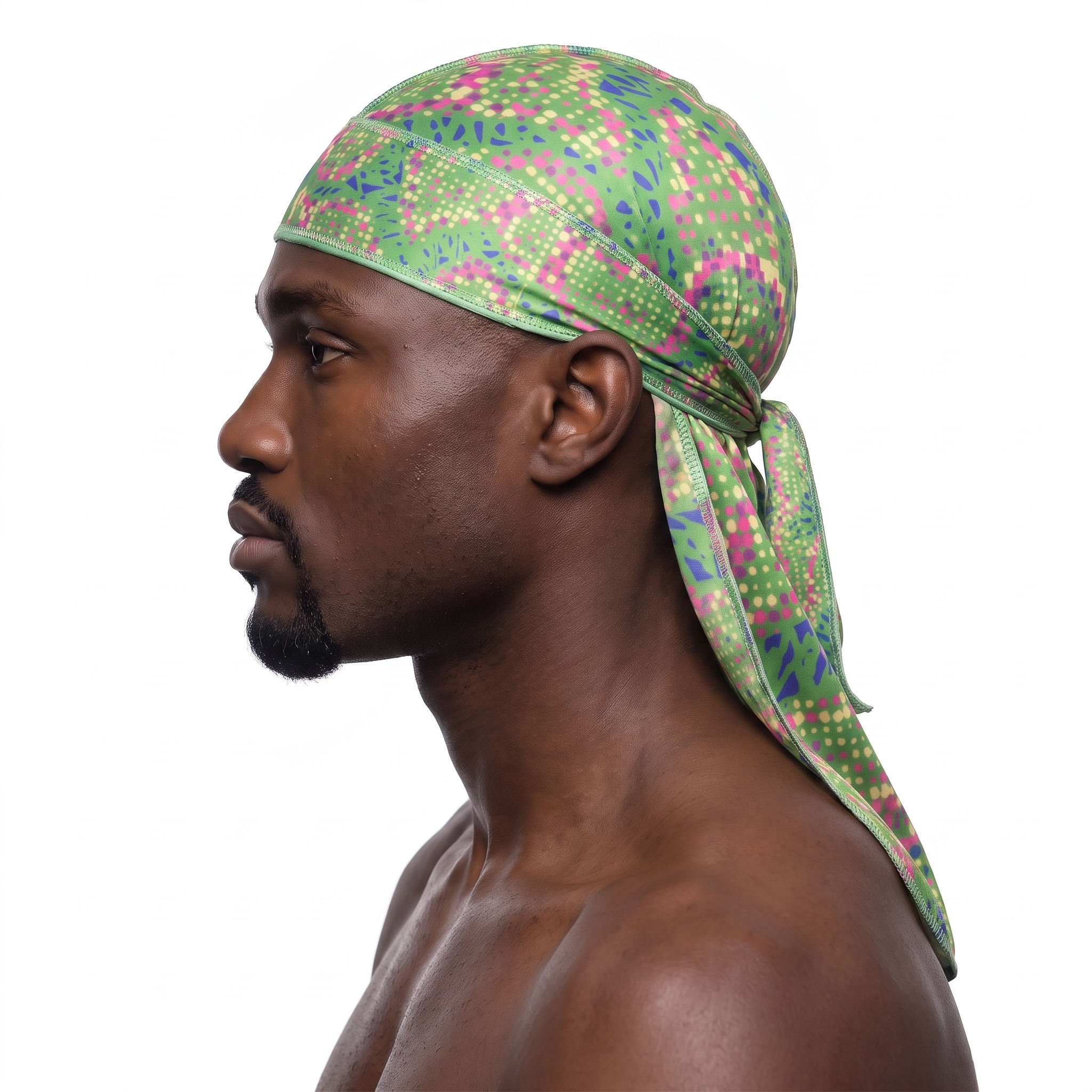 Digital Chameleon Lime pixel camo Satin Silky Durag worn by male model, side profile showing fit and tail drape