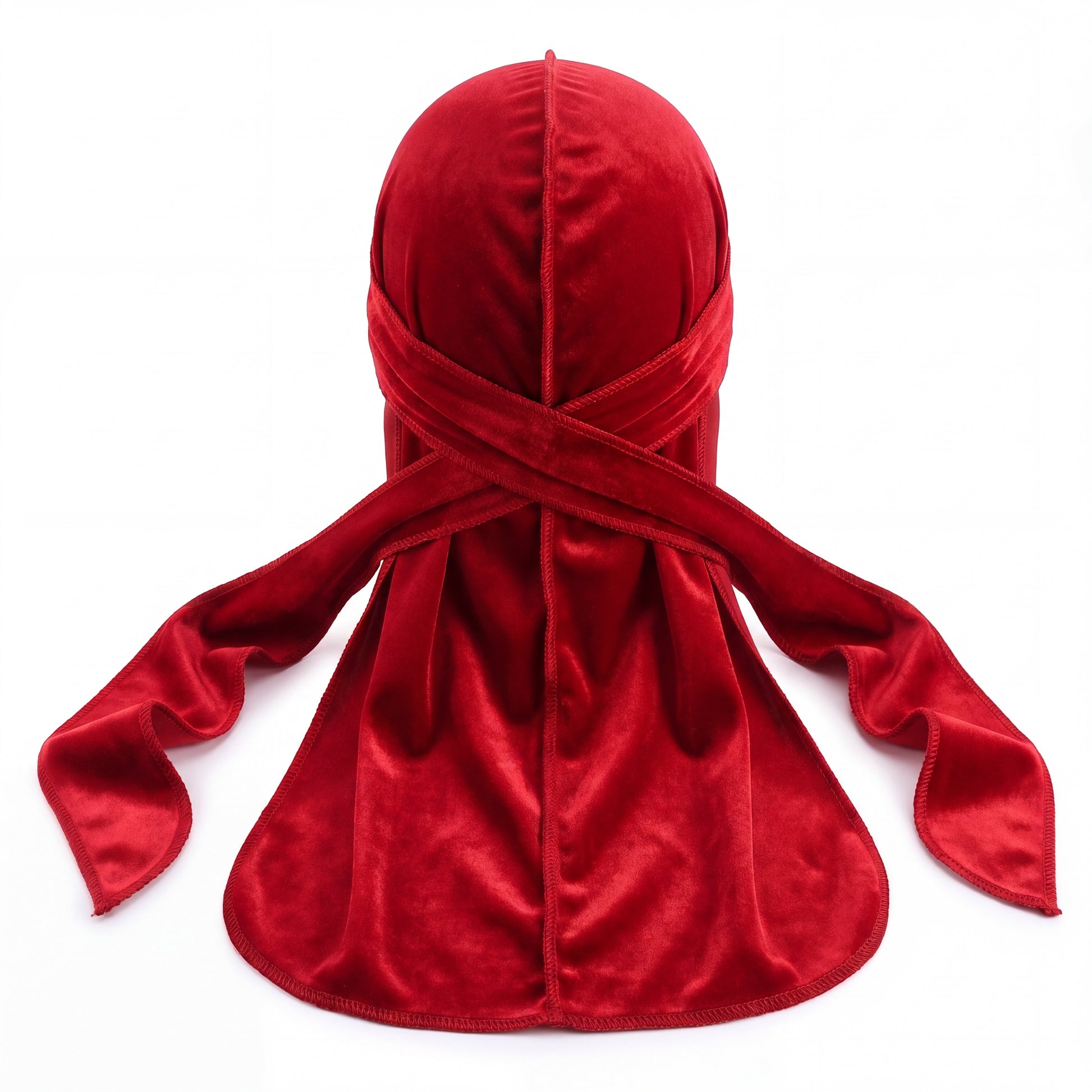 Premium Red Velvet Durag - premium velvet durag back view showing wrap straps, tail and stitching