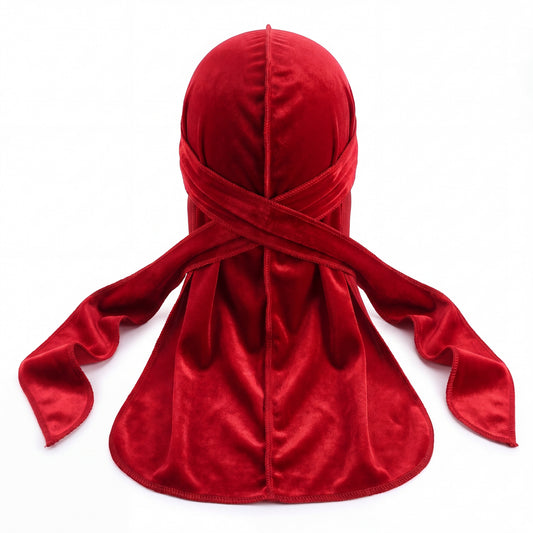 Premium Red Velvet Durag - premium velvet durag back view showing wrap straps, tail and stitching