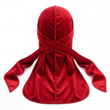 Premium Red Velvet Durag - premium velvet durag back view showing wrap straps, tail and stitching