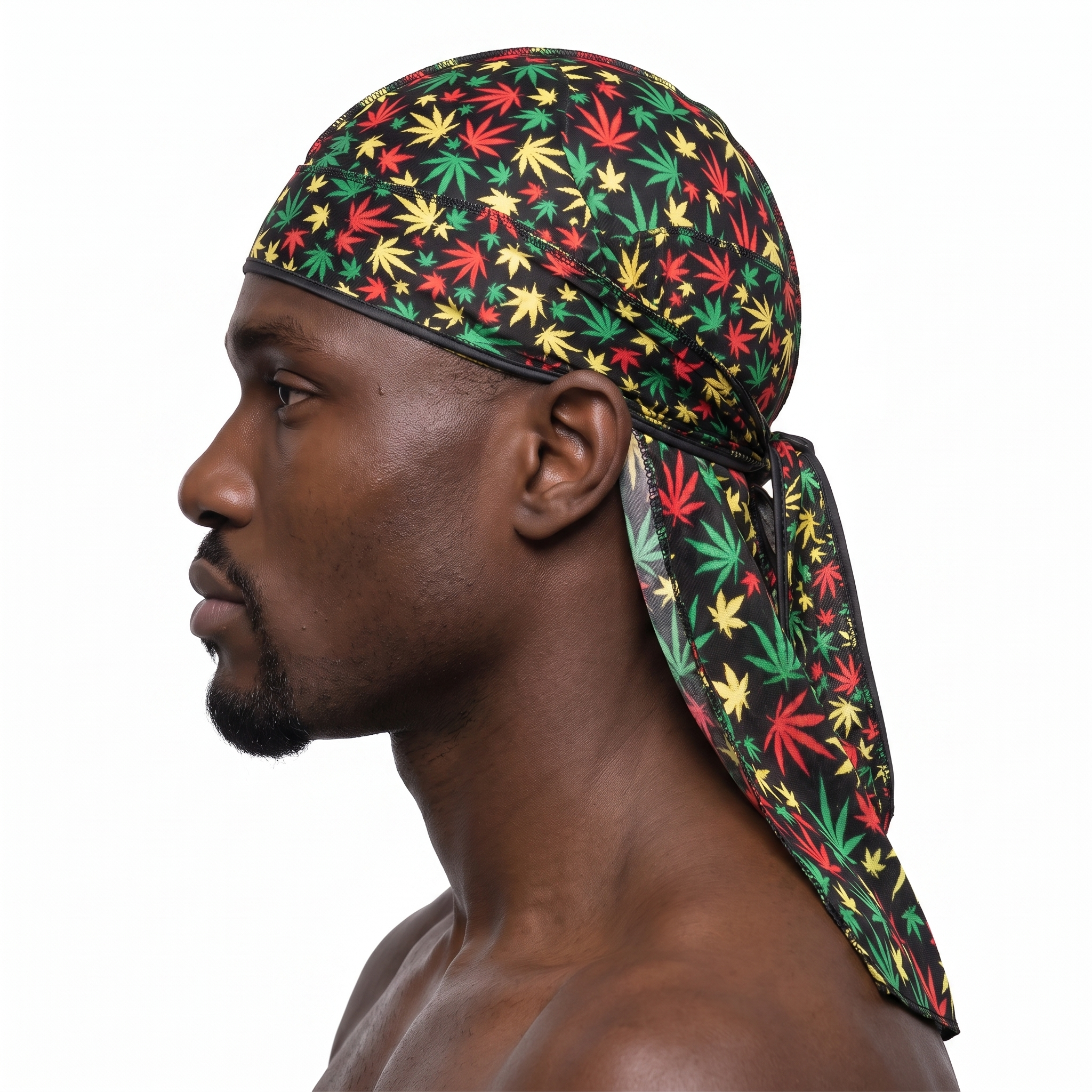 Rasta stripes Satin Silky Durag worn by male model, side profile showing fit and tail drape