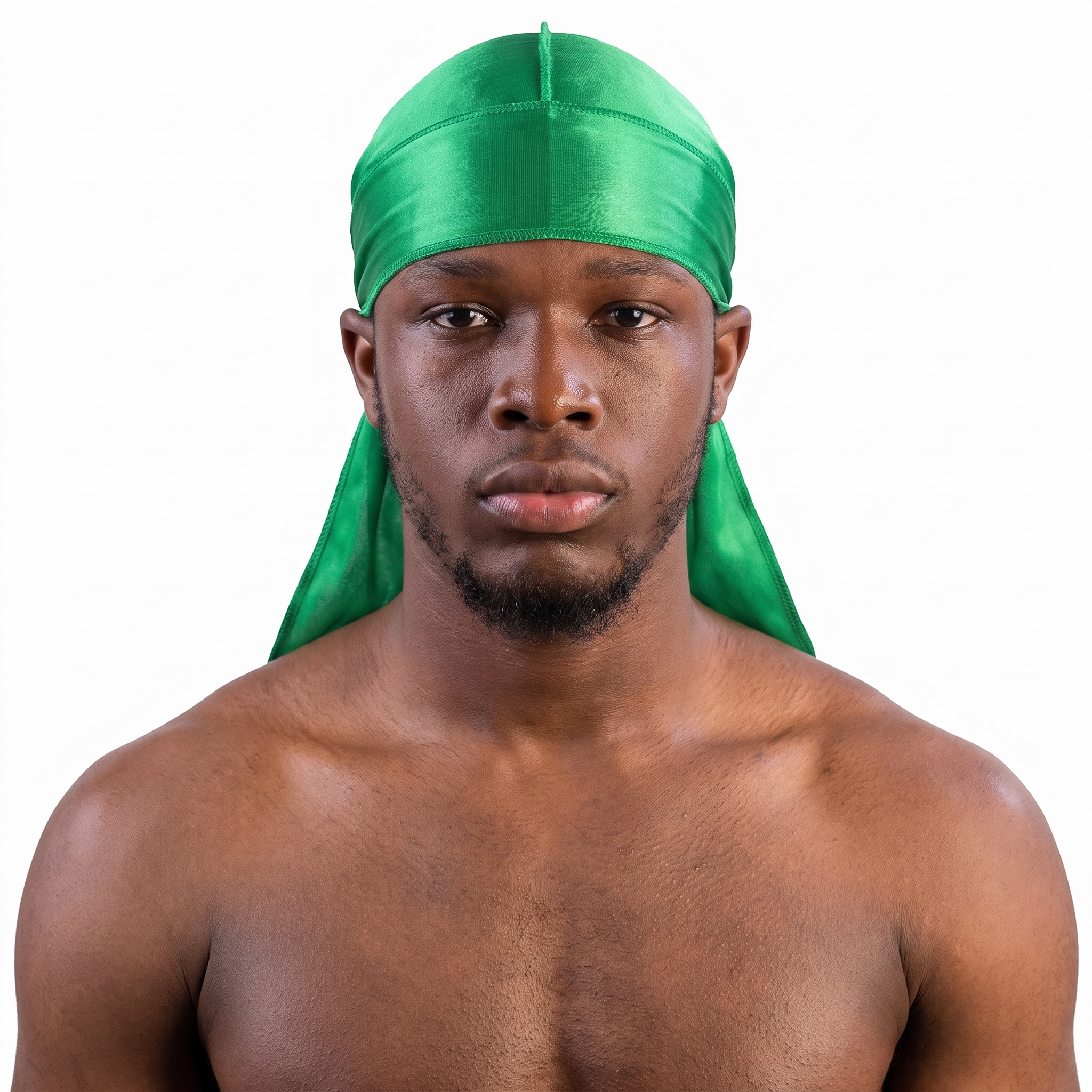 Premium Silk Durag Green worn by male model, front view on white background