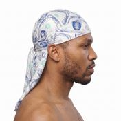 Old Hundreds money print Satin Silky Durag worn by male model, side profile showing fit and tail drape