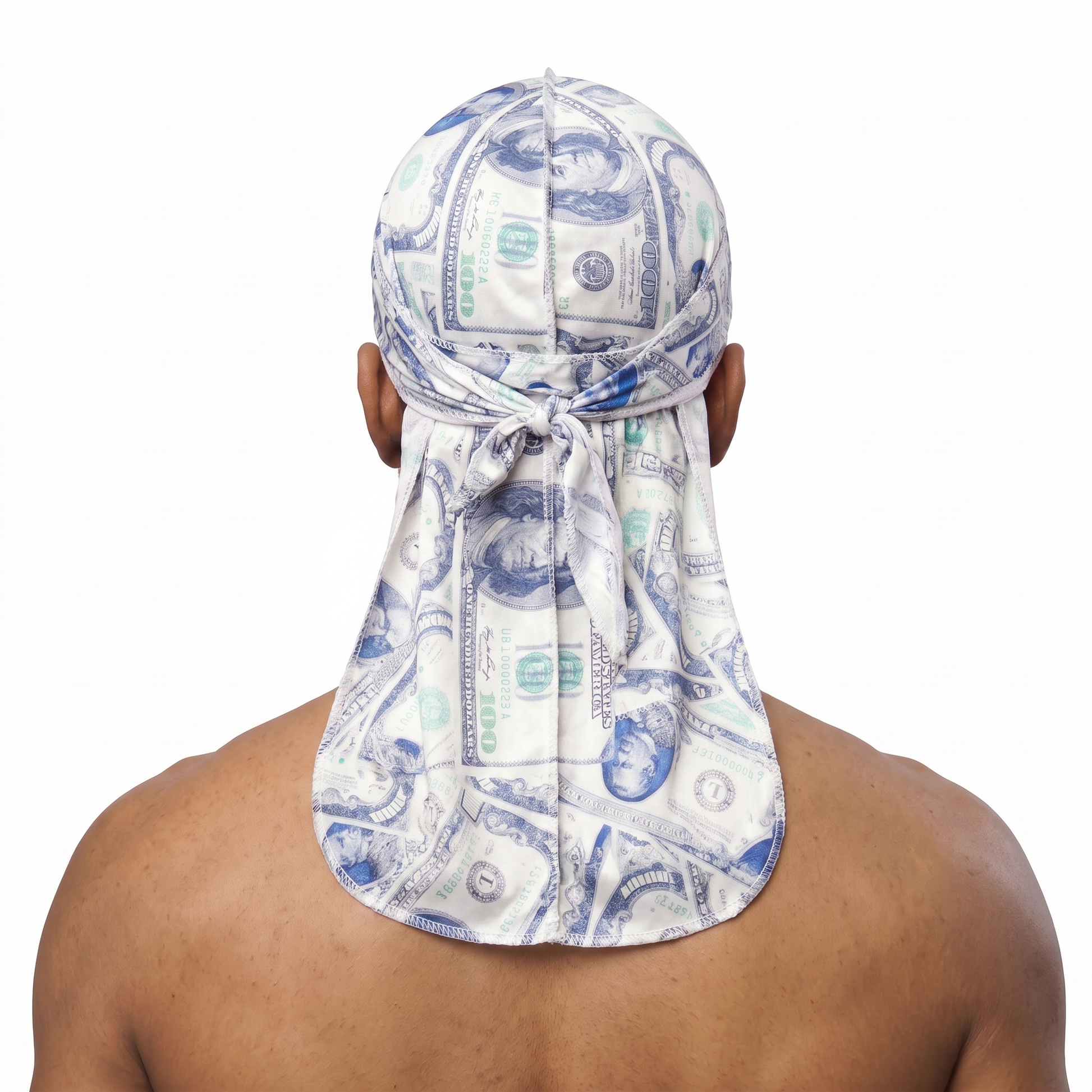 Old Hundreds money print Satin Silky Durag worn by male model, back view showing tied wrap and tail