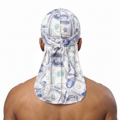 Old Hundreds money print Satin Silky Durag worn by male model, back view showing tied wrap and tail