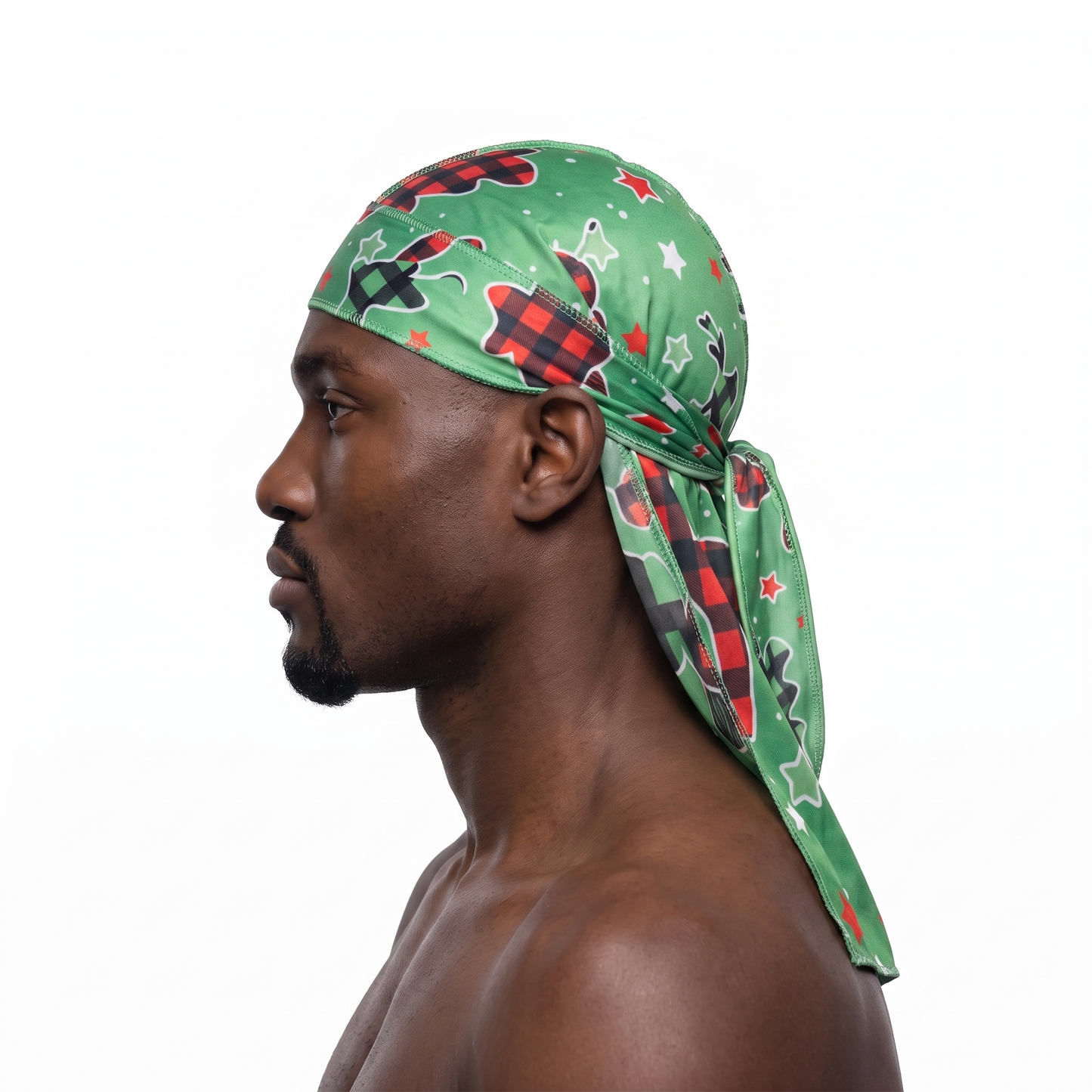 Christmas Time Green holiday Satin Silky Durag worn by male model, side profile showing fit and tail drape