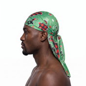 Christmas Time Green holiday Satin Silky Durag worn by male model, side profile showing fit and tail drape