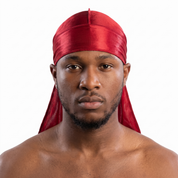 Premium Red Silk Durag worn by male model, front view on white background