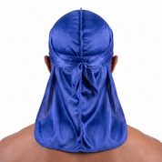 Premium Silk Durag Persian Blue worn by male model, back view showing tied wrap and tail