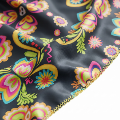 Cinco De Mayo Black 2.0 festive Satin Silky Durag fabric close-up showing Cinco De Mayo Black 2.0 festive print and stitching detail