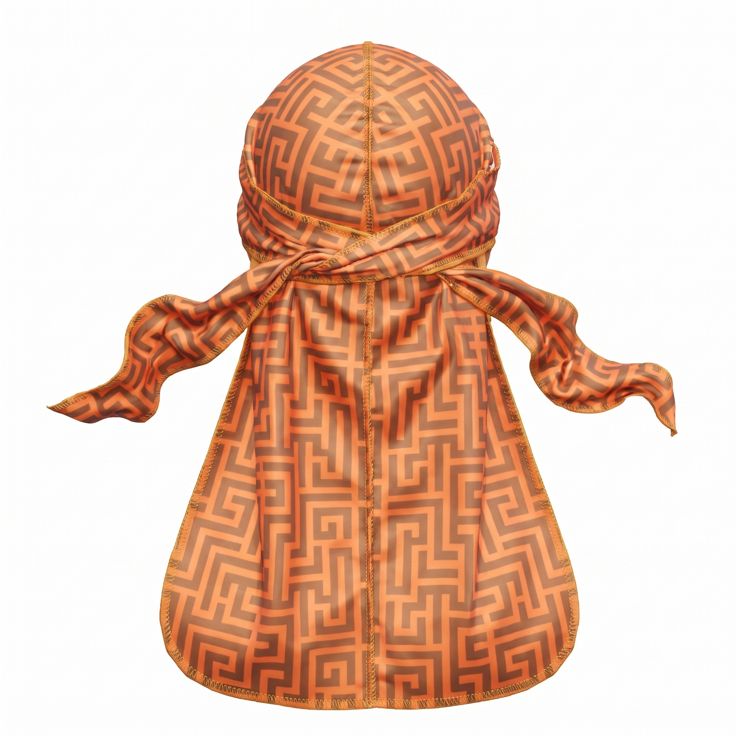 Orange and Brown Maze geometric Satin Silky Durag - premium silky durag back view showing wrap straps, tail and stitching