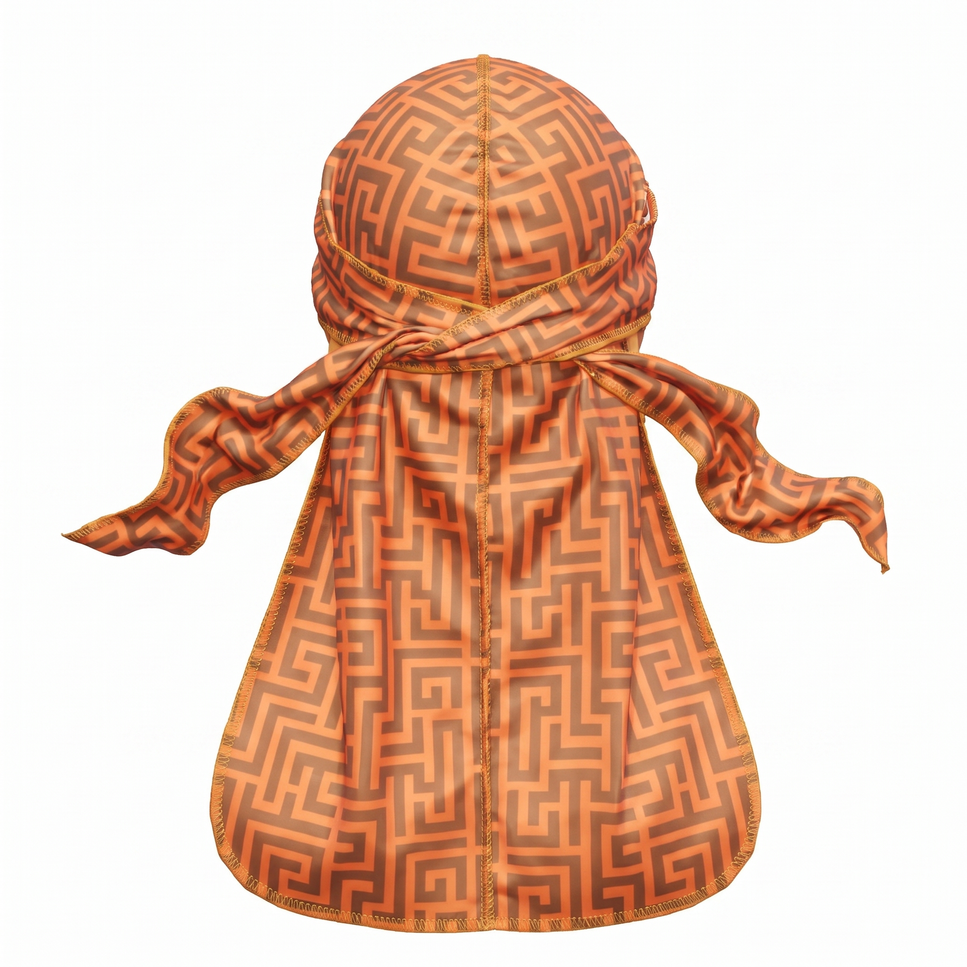 Orange and Brown Maze geometric Satin Silky Durag - premium silky durag back view showing wrap straps, tail and stitching